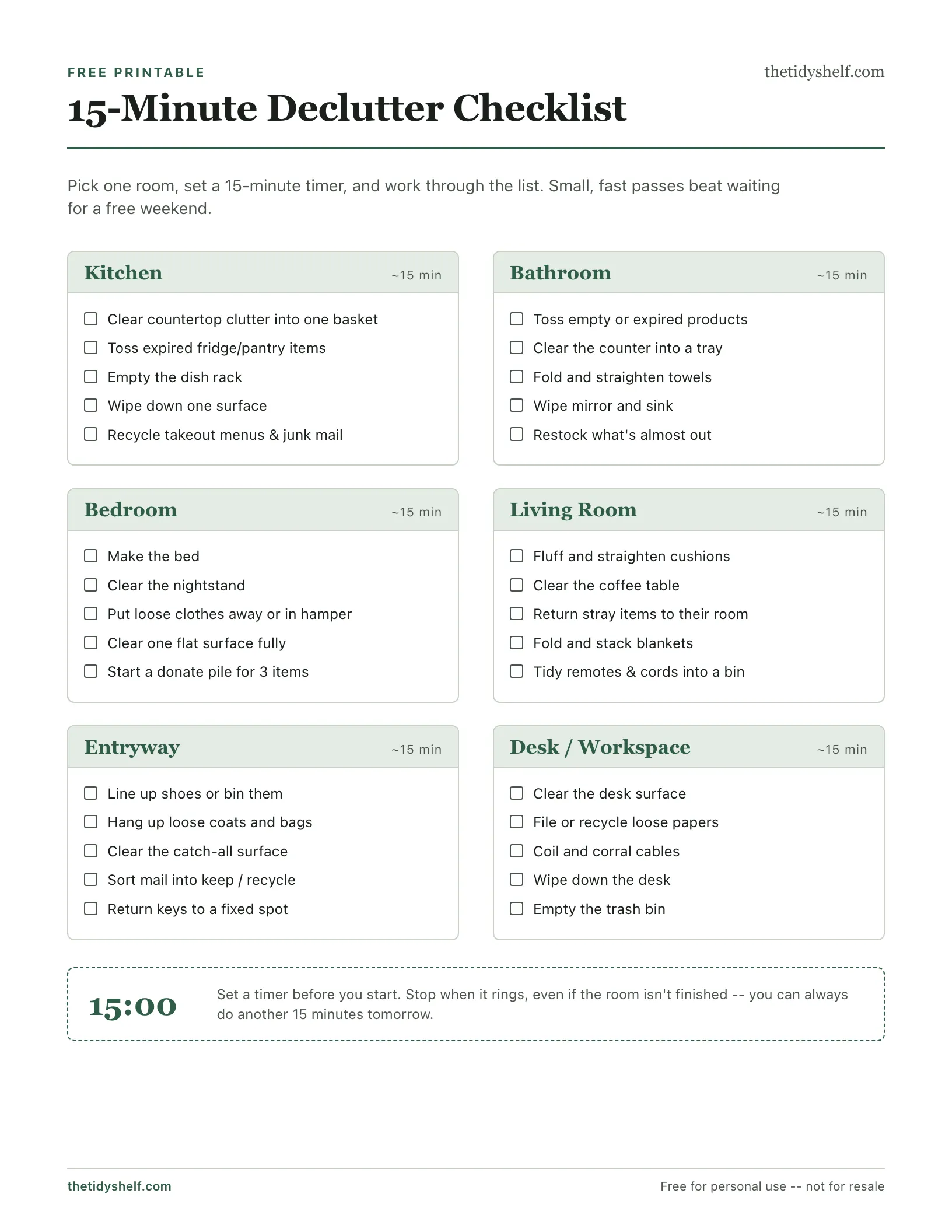 Preview of the 15-Minute Declutter Checklist printable