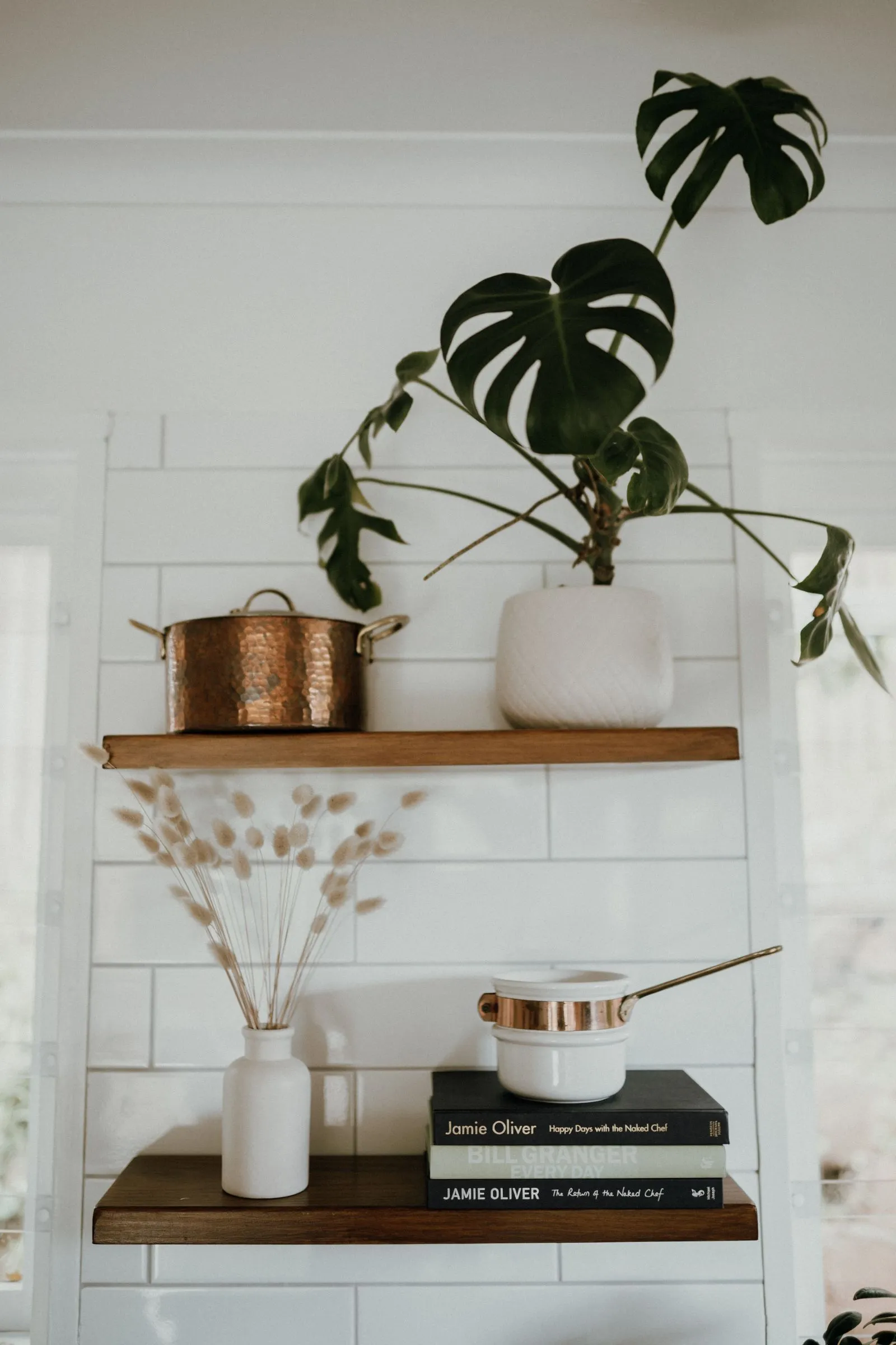 A stylish kitchen shelf holding plants, cookware, and cookbooks mounted against a white wall