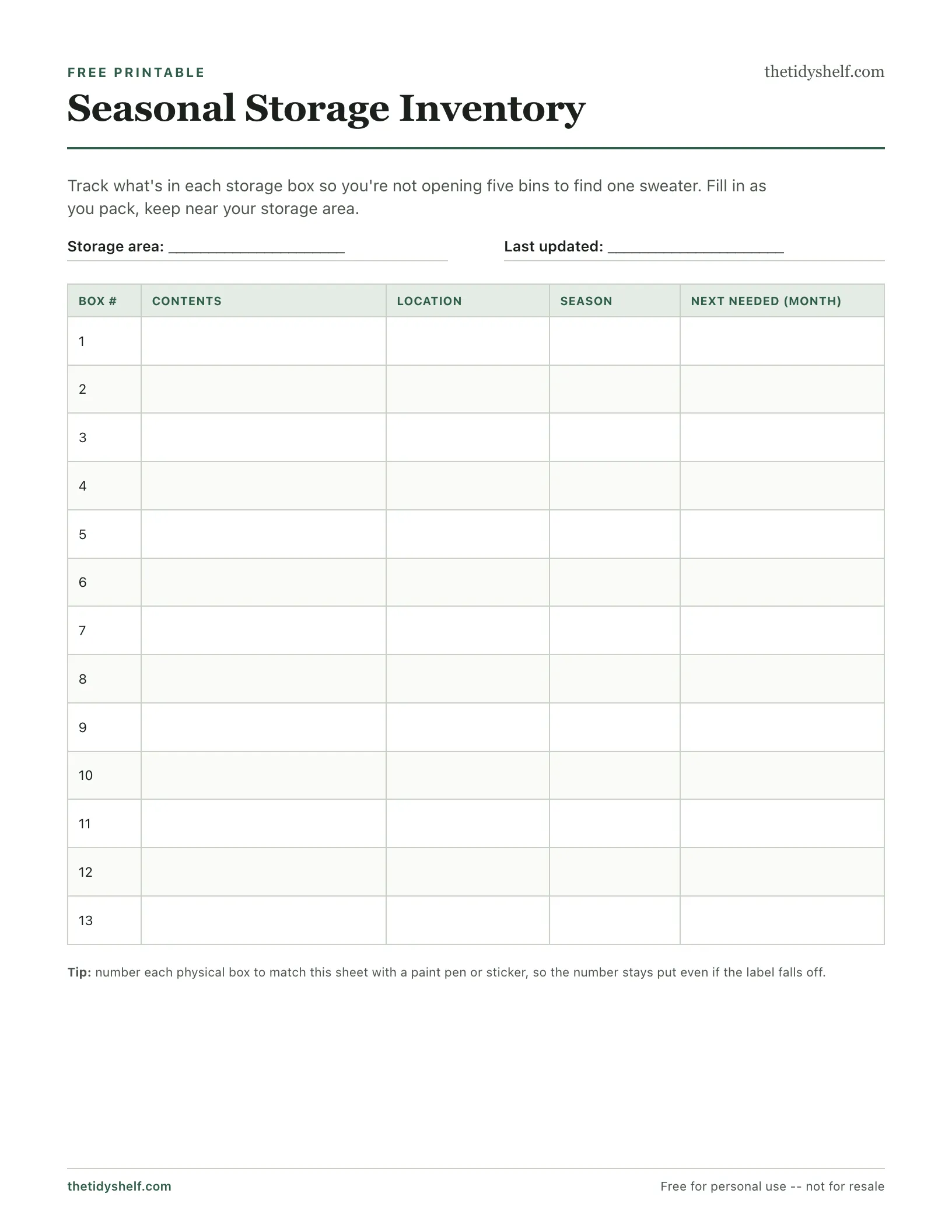 Preview of the Seasonal Storage Inventory printable